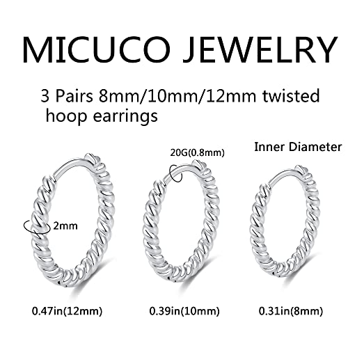 micuco 3 Pairs Small Gold Hoop Huggie Earrings Set for Women Men Tendy | 14K Gold Plated Small Huggie Hoop Earrings for Men, Tiny Cartilage Hypoallergenic Earring Set - style: F# Twisted silver 8-10-12mm