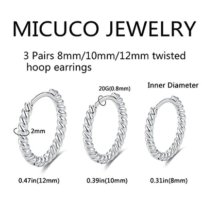 micuco 3 Pairs Small Gold Hoop Huggie Earrings Set for Women Men Tendy | 14K Gold Plated Small Huggie Hoop Earrings for Men, Tiny Cartilage Hypoallergenic Earring Set - style: F# Twisted silver 8-10-12mm