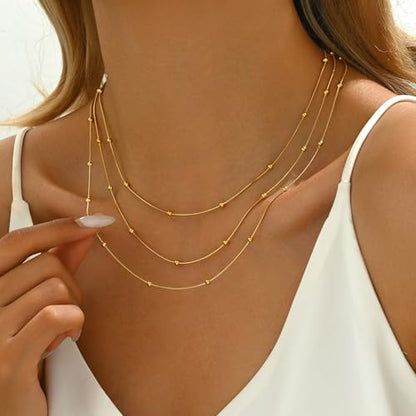 18K Gold Plated Layered Herringbone Necklaces for Women Dainty Layering Beaded Snake Chain Choker Moon Coin Pendant Necklace Trendy Stainless Steel Jewelry - color: Trible Round Bead-Gold
