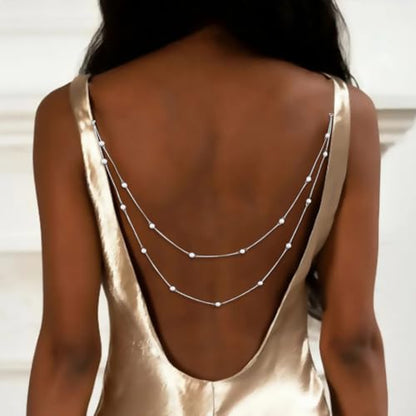 Pearl Back Chain Necklace Wedding Bridal Silver Gold Layered Backdrop Body Chain for Women Backless Dress - color: Gold