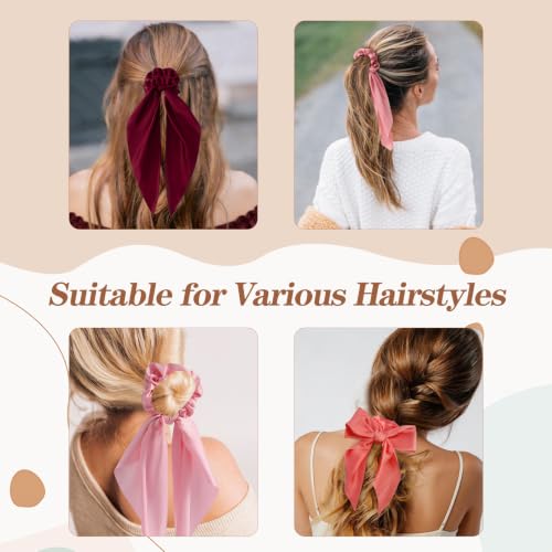 6 PCS Scrunchies with Bow, Silky Satin Bow Hair Ties | Hair Scarf Scrunchies for Women Girls, Knotted Bows Silk Hair Ties, Satin Hair Ribbon Elastic Hair Tie, Long - color: Red&Black