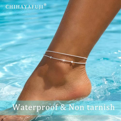 Sterling Silver Ankle Bracelets for Women 14k Gold Waterproof Layered Stackable Non Tarnish Dainty Heart Charm Large Adjustable Anklet for Summer Beach Jewelry Gift - color: SilverC