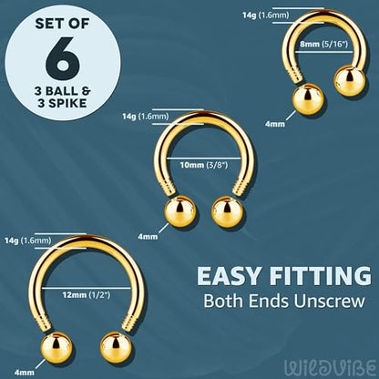 Surgical Steel Septum Rings 16g 14g - Lip Ring Smiley Piercing Hoop for Cartilage Earrings, Tragus, Helix, Daith, Conch - Eyebrow Circular Horseshoe Septum Piercing Jewelry - color: 14g - Gold