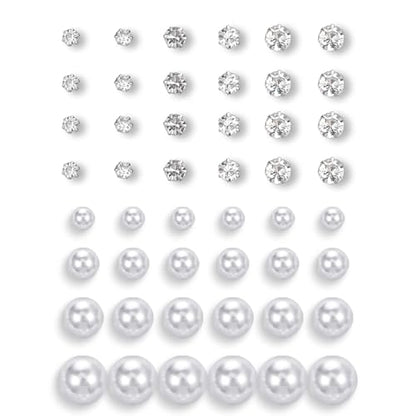 24 Pairs Pearl Studs Earrings for Women, Faux Simulated Pearl Earrings 4 Mixed Sizes Round Ball Pearls Stud Earring Set - color: White, Clear