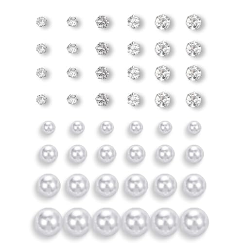 24 Pairs Pearl Studs Earrings for Women, Faux Simulated Pearl Earrings 4 Mixed Sizes Round Ball Pearls Stud Earring Set - color: White, Clear