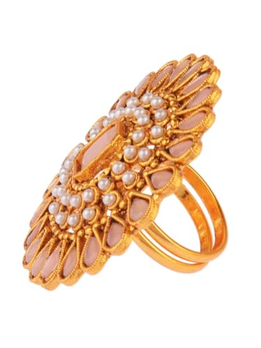 Efulgenz Indian Jewelry Ring Round Faux Pearl Crystal Adjustable Big Finger - color: Peach