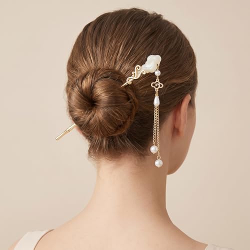 6Pcs Chinese Hair Pins, Gold White Japanese Hair Stick with Pearl Flower Bamboo Leaves Design, Retro Asian Gold Metal Hair Sticks Pins, Hair Bun Updo Holders Hair Chopstick Accessories for Women