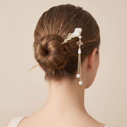 6Pcs Chinese Hair Pins, Gold White Japanese Hair Stick with Pearl Flower Bamboo Leaves Design, Retro Asian Gold Metal Hair Sticks Pins, Hair Bun Updo Holders Hair Chopstick Accessories for Women