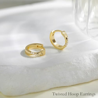 Me&Hz Gold Huggie Earrings Small Huggie Hoop Earrings for Women 14K Gold Plated Hypoallergenic Cubic Zirconia Huggies Mini Silver Hoop Earring for Women - color: Twist - CZ, Gold