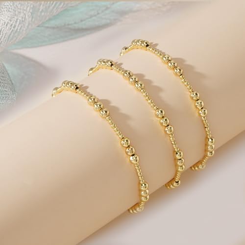 Gold Beaded Bracelet Stack for Women Colorful Small Seed Beads Bracelets Set Boho 14K Gold Plated Ball Stackable Stretch Non-Tarnish Dainty Jewelry Trendy Accessory Friendship Gift - color: Three Ball