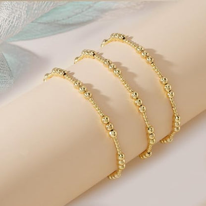 Gold Beaded Bracelet Stack for Women Colorful Small Seed Beads Bracelets Set Boho 14K Gold Plated Ball Stackable Stretch Non-Tarnish Dainty Jewelry Trendy Accessory Friendship Gift - color: Three Ball