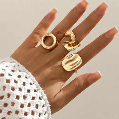 Chunky Gold Gemstone Ring Set for Women Adjustable Stackable Statement Rings Punk Geometric Turquoise Minimalist Jewelry - style: style P