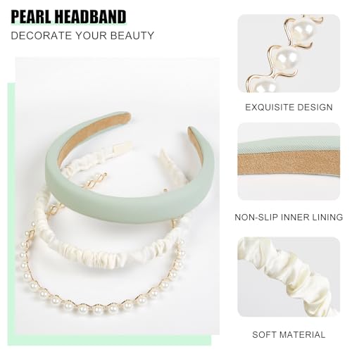 TEBIEKOY 3PCS Headbands for Women Non Slip Trendy Headbands for Women's Hair Cute Pearl Headband Green Padded Hairband Elastic Womens Head Bands Hair Accessories - color: green