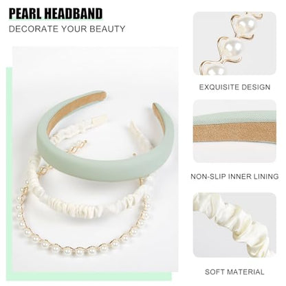TEBIEKOY 3PCS Headbands for Women Non Slip Trendy Headbands for Women's Hair Cute Pearl Headband Green Padded Hairband Elastic Womens Head Bands Hair Accessories - color: green