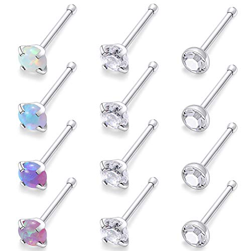 Cisyozi 18G 20G 22G Nose Rings Studs Surgical Steel Nose Stud Set 1.5mm 2mm 2.5mm 3mm Diamond Cubic Zirconia Opal Screw L Shaped Straight Nose Piercing Jewelry for Women Men - color: A:22G-Bone -2.5mm