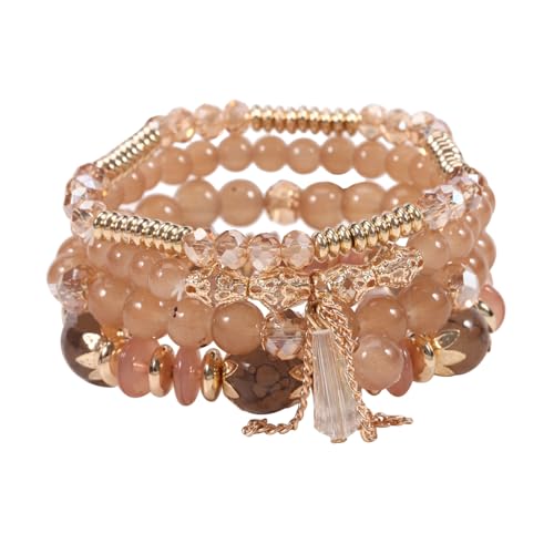 Boho Stackable Jewelry Bracelets for Women 4 Pcs Beaded Stretch Stacking Charm Crystal Bracelet Set Friendship Gifts - color: cafe