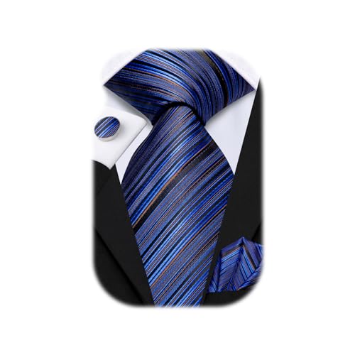 Hi-Tie Men 63inches Tie Set Extra Long Necktie Paisley Tie Pocket Suqare Cufflinks Big and Tall Men Tie - color: Blue Black