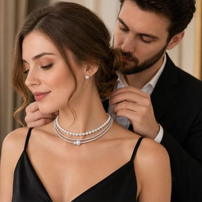 3-Layered Rhinestone Pearl Choker Necklaces for Women, Vintage Silver Necklace Prom, Multi Strand Pearl Necklace Choker for Women Wedding Bride