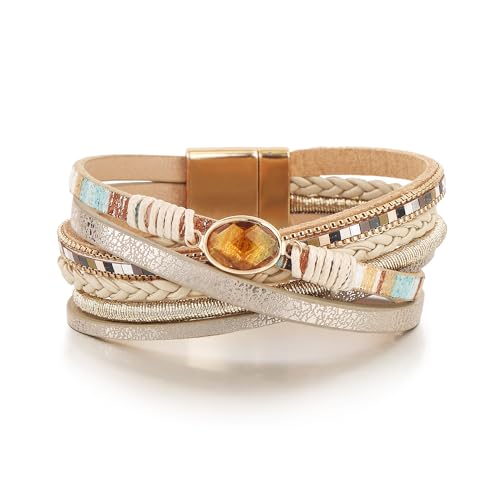 Edoneery Leather Wrap Bracelets for Women, Boho Layered Cuff Bangle | Multi-layer Leather Cuff, Daily wear, Stackable Bangle, Easy on-off, Western Jewelry Gifts for Women - color: Khaki-1