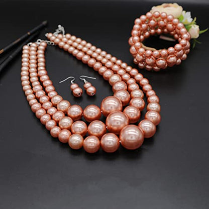 Big Chunky Pearl Necklace and Earrings Set Large Costume 1920s Faux Pearls Gatsby Accessories - color: A-Champagne pearl necklace set