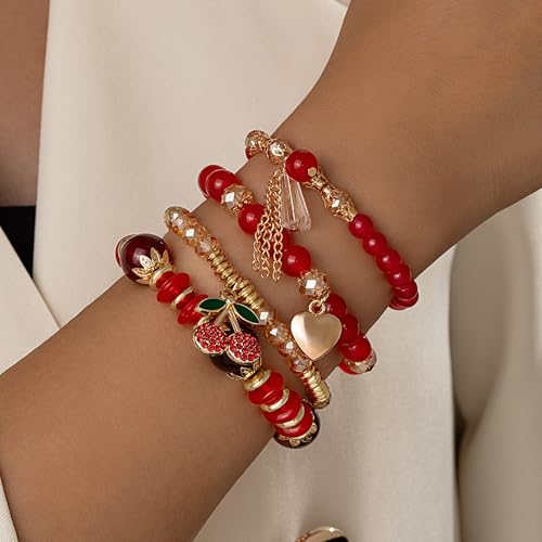Red Cherry Beaded Bracelets Set for Women Stackable Layered Charm Bracelets Red Beaded Stretch Bracelet Cute Boho Statement Jewelry for Birthday Party Vacation Gift - color: 4PCS Set - Gold Cherry
