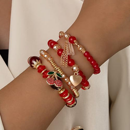 Red Cherry Beaded Bracelets Set for Women Stackable Layered Charm Bracelets Red Beaded Stretch Bracelet Cute Boho Statement Jewelry for Birthday Party Vacation Gift - color: 4PCS Set - Gold Cherry