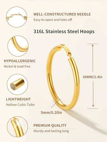 FindChic Hoop Earrings for Women, Silver/Black/14K Gold Plated Hypoallergenic Hollow Round Tube Loop Earrings, 20mm/30mm/40mm/60mm/80mm Chunky Hoops with Custom Name Options & Gift Box - color: c.Gold, size: 60MM