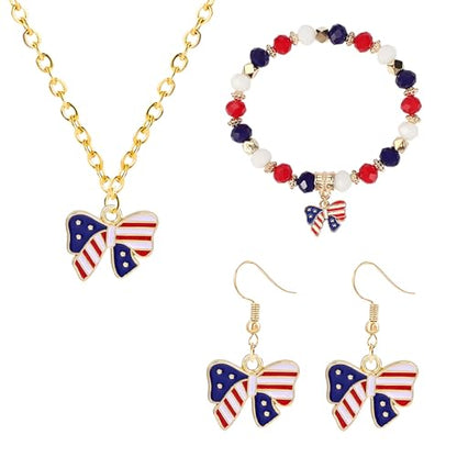 4th of July Earring Bracelet And Necklaces Jewelry Set for Women Men Personalized Red White and Blue Patriotic American Flag Dangle Drop Earrings Independence Day Holiday Accessories Gifts - style: bow