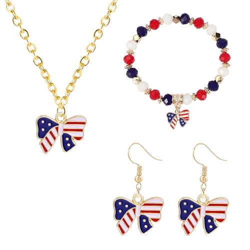 4th of July Earring Bracelet And Necklaces Jewelry Set for Women Men Personalized Red White and Blue Patriotic American Flag Dangle Drop Earrings Independence Day Holiday Accessories Gifts - style: bow