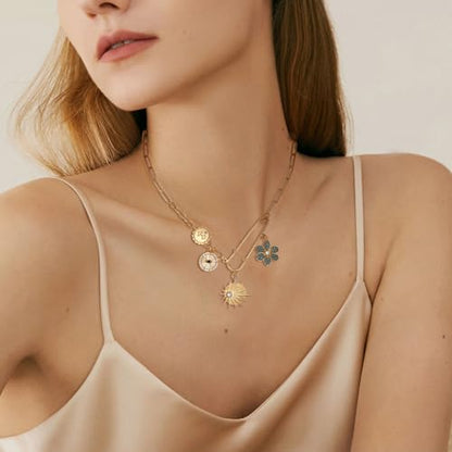 Charm Necklace for Women Gold Evil Eye Sun Moon Flower Coin Pendant Necklace Dainty Paperclip Chain Vintage Luck Amulet Choker Necklaces Celestial Jewelry Gift - style: Blue Flower, Sun