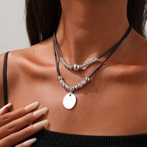 Slip Chain Necklace for Women Gothic Stainless Steel Bar Pendant Cuban Link Necklaces Adjustable Goth O Ring Long Necklaces Punk Rock Collar Choker Trendy Lariat Y Necklace - color: Disc