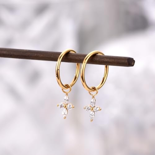 Ourania 16G Gold Stainless Steel Zircon Dangle Huggie Hoop Rook Piercing Helix Hoop Earring Tragus Hoop Cartilage Piercing for Women - color: Flower Gold 2PCS, size: 1.2*10mm 2pcs