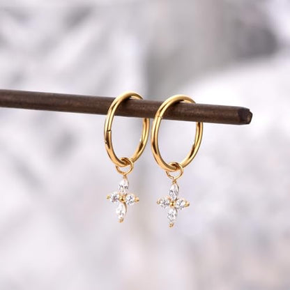 Ourania 16G Gold Stainless Steel Zircon Dangle Huggie Hoop Rook Piercing Helix Hoop Earring Tragus Hoop Cartilage Piercing for Women - color: Flower Gold 2PCS, size: 1.2*10mm 2pcs