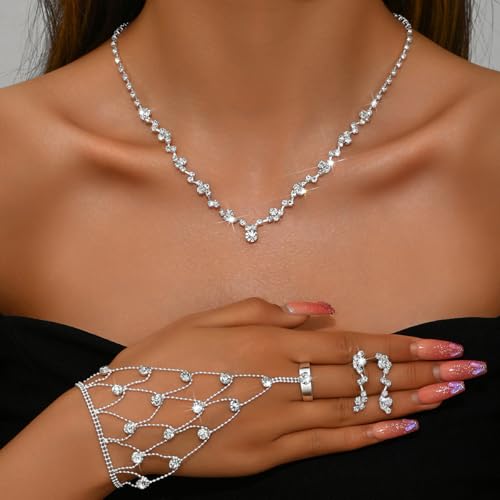 Wedding Jewelry Sets for Brides Rhinestone Necklace and Earring Set Bracelet Ring Gold Silver Prom Jewelry Sets Diamond Flower Teardrop Necklace for Women - color: Style1-Silver-3pcs