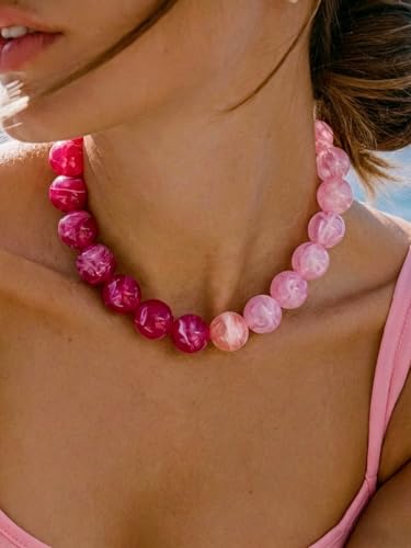 Chunky Beaded Necklaces for Women Statement Necklace | Bold Chunky Choker, Large Resin Beads, Adjustable Necklace, Boho Trendy Summer Beach Holiday Jewelry - color: Pink-02