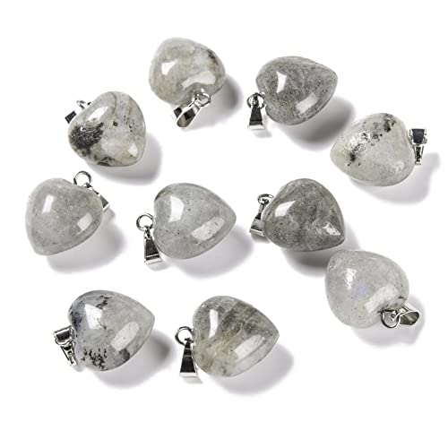 10Pcs Heart Stone Charm Pendants Natural Labradorite Gemstone Pendants with Platinum Brass Loops for DIY Necklace Keychains Earring Crafts Supplies - color: Labradorite