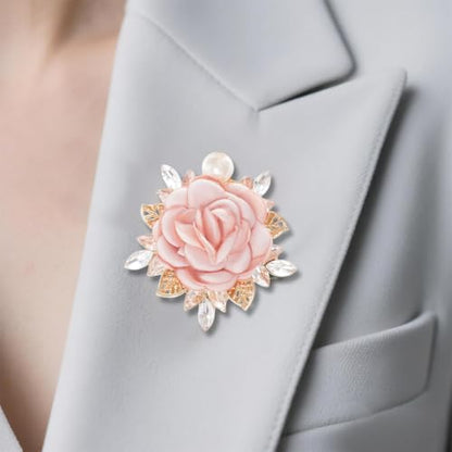 Rose Flower Brooch 1.97In Satin Pearl Crystal Flower Brooch for Women Wedding Dress Suit Hat Accessories Gift - color: pink