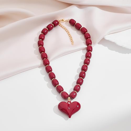 YUJIE Chunky Heart Pendant Necklace for Women- Exaggerated Statement Puff Heart Necklace with Acrylic Beaded Chain - color: burgundy