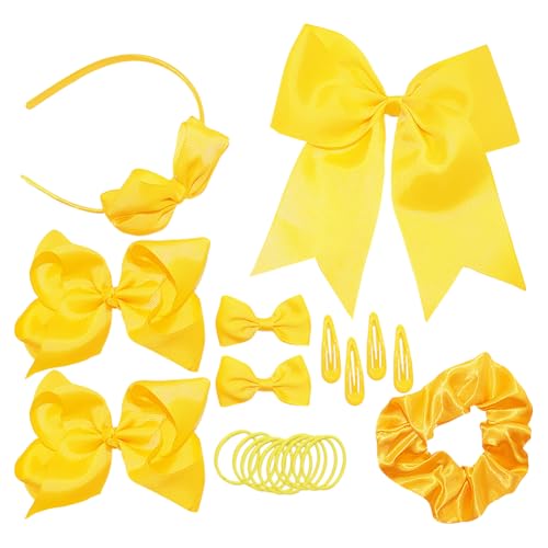 21 Pcs Girls School Hair Accessories Set Cute Bow Headband Bowknot Hair Ties Elastic Bow Knot Hair Bands Simple Metal Hair Clips Ribbon Hair Barrettes for Birthday Wedding Yellow - color: Yellow