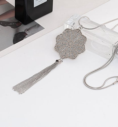 MOLOCH Long Necklaces For Woman Disk Circle Pendant Necklaces Tassel Fringe Necklace Set Statement Pendant - color: floral-shaped-silver