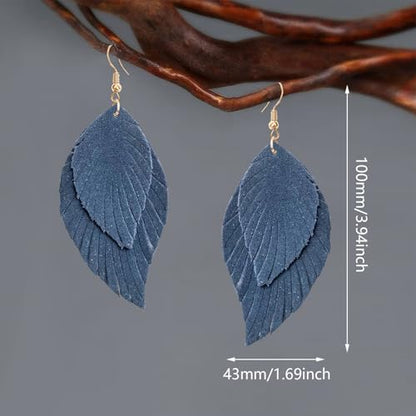 Handmade Bohemian Large Soft Genuine Leather Fringe Double Feather Dangle Drop Earrings Lightweight Simple Color PU Leaf Hook Earrings for Women - color: Navy