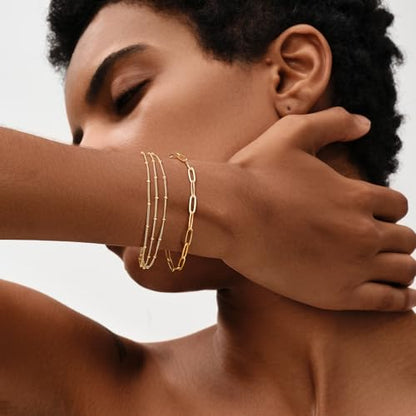 MEVECCO Dainty Chain Bracelets for Women, Layered and Charm Styles | 14K Gold Plated Brass, Select Cubic Zirconia Accents, Single and Multi-Row Structures for Refined Everyday Wristwear - style: 3 Layer Satellite Chain Gold