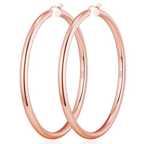4mm Thick Gold Chunky Earrings Steling Silver Post Hoops Earrings For Women Hollow Tube Hoops Earrings Thick Gold Hoop Earrings Hypoallergenic Lightweight Gold Hoop Large Earrings 20/30/40/50/60MM - color: Rose gold,60mm