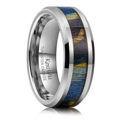 King Will Tungsten Wedding Band Wood Inlay for Men Black Beveled Edge | Black, 8mm, Beveled Edge, Comfort Fit, Wood inlay, Promise Gift - color: Colorful Wood Chips-Gunmetal