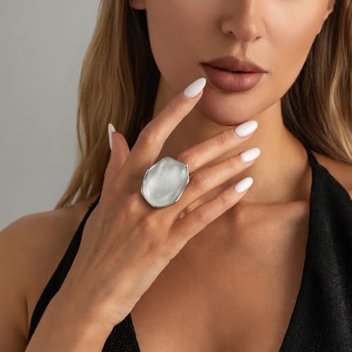 Irregular Large Resin Open Statement Rings for Women Boho Chunky Oval Finger Charm Ring Adjustable Geometric Enamel Teardrop Cocktail Ring Jewelry - color: White