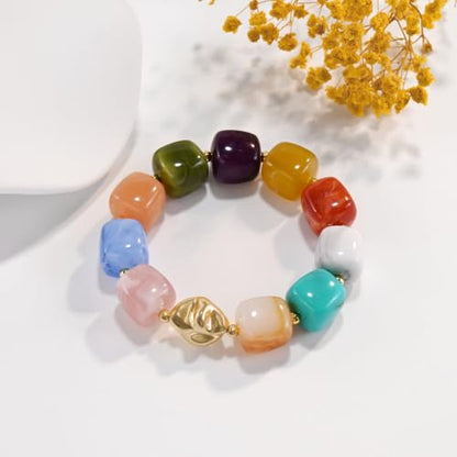 VIBILIA Chunky Beaded Bracelet for Women Multicolor Big Resin Acrylic Bead Elastic Stretch Bracelet, Trendy Statement Bracelets Boho Summer Beach Vacation Charm Jewelry - color: Square-Colorful