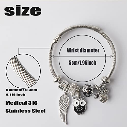 DS Charm Bracelets for girls,exquisite cute cartoon friendship bracelets Silver Stainless Steel Bangle with birthday Gift box, Adjustable girls jewelry Suitable for holiday gifts - style: Silver-owl