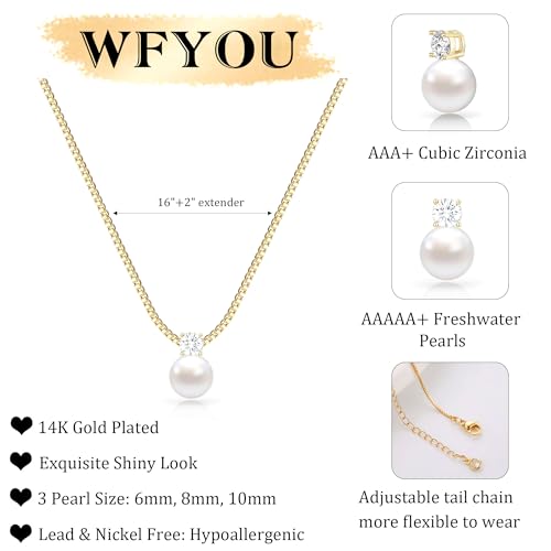 WFYOU Silver Gold Pearl Necklaces for Women 14K Gold Plated Dainty Necklace | Wedding Charm Pendant Necklace, Simple Pearl Necklace Waterproof Non Tarnish, Pearl Jewelry, Mothers Day Bridesmaid Gifts - color: Gold, size: 10mm