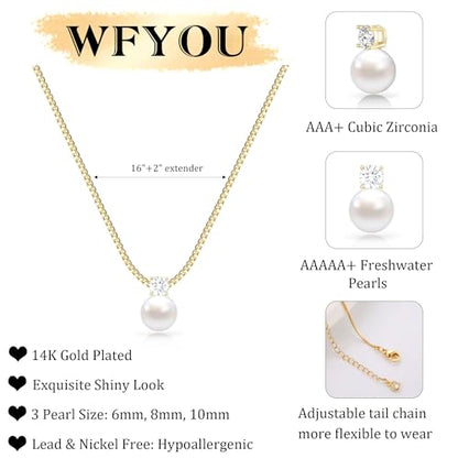 WFYOU Silver Gold Pearl Necklaces for Women 14K Gold Plated Dainty Necklace | Wedding Charm Pendant Necklace, Simple Pearl Necklace Waterproof Non Tarnish, Pearl Jewelry, Mothers Day Bridesmaid Gifts - color: Gold, size: 6mm