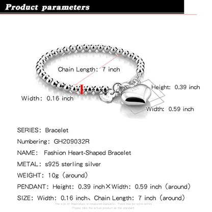 H&Beautimer 925 Sterling Silver 4-10MM Ball Chain Bracelet For Women's - Italian Handmade Bead Chain Bracelet 5''5.7''6.3''6.7''7.5''8''8.3''8.5''9 Inch Rose Gold Party Jewelry - color: 4MM Silver-Heart Pendant, size: 5.7 inches